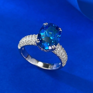 Gros plan d'une bague en argent S925 avec pierre bleue ovale et sertissage à griffes