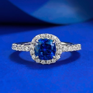 Bague en Argent Sterling 925 Bleu Royal Taille Coussin pour Femme Saphir Simulé Halo Strass Bague de Fiançailles Bijoux de Mode