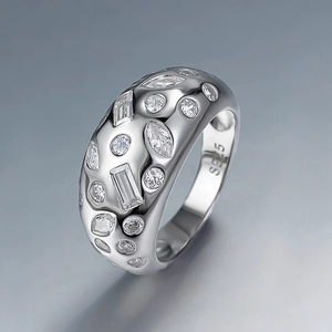 Polished S925 sterling silver wide band ring with irregular multi-shape zircon inlay
