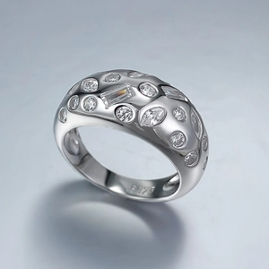 Irregular wide S925 sterling silver ring with multi-cut sparkling zircon pave setting