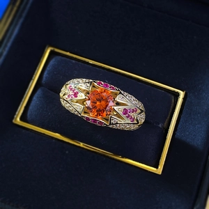 Luxurious S925 silver ring with 6.5mm round orange gemstone and starburst halo setting