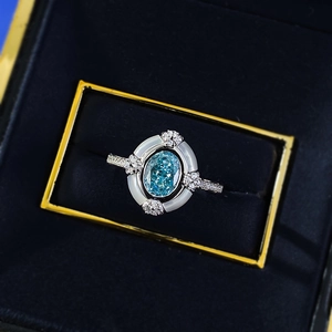 S925 silver ring with 6x8mm oval aquamarine carbon diamond in a luxury blue jewelry box