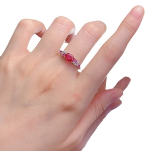 Elegant S925 silver ring with oval ruby main stone and multicolored side crystals
