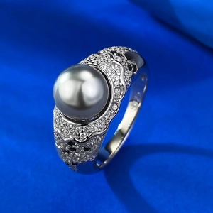 Luxurious S925 silver ring featuring 8mm grey pearl and shimmering pavé-set stones
