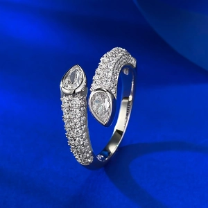Luxurious S925 silver snake-shaped open ring with pear-cut crystals and pavé diamonds