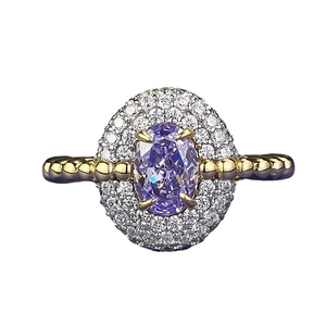 S925 gold plated silver ring featuring purple oval carbon diamond and beaded band
