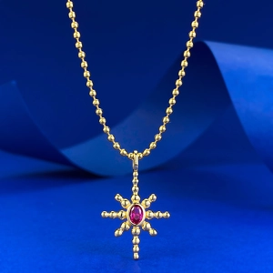 S925 Sterling Silver Gold Plated Eight-pointed Star Pendant Necklace With Red Rhinestone Vintage Fashion Jewelry For Women
