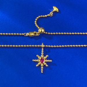 S925 gold-plated silver North Star necklace with red gemstone and adjustable ball chain