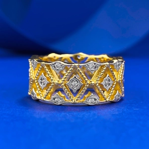 French Vintage 925 Sterling Silver Gold Plated Hollow Out Geometric Lace Ring Luxury Rhinestone Inlaid Wide Band Ring For Women