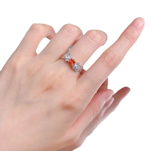 S925 silver ring with 1ct orange square gemstone and leaf-shaped side diamonds