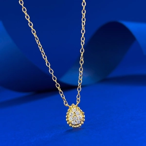 S925 silver gold plated pear shape water drop pendant necklace with pavé set white stones