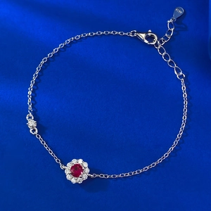 925 Sterling Silver Red Stone Flower Bracelet For Women Elegant Rhinestone Inlaid Adjustable Chain Fine Jewelry Anniversary Gift