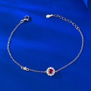 S925 silver bracelet featuring red pigeon blood gemstone in flower design