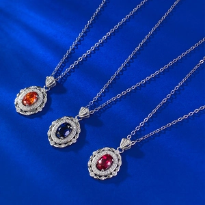 Colliers en argent S925 avec pendentifs ovales rouges, bleus et oranges sertis halo
