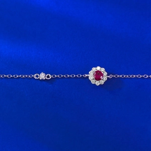 Sparkling S925 silver bracelet with oval red ruby flower charm and white gems inlay