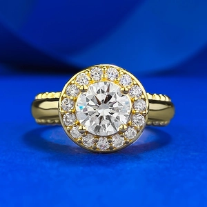 Bague Halo en Argent Sterling 925 avec Strass Taille Ronde pour Femme Plaqué Or Bordure Milgrain Bijoux Cadeau