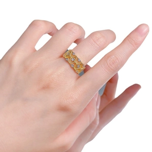 Gold plated S925 silver hollow geometric lace ring with sparkling white stones