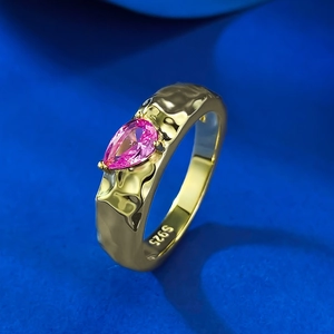S925 silver gold plated ring with pear cut pink sapphire and lava texture finish