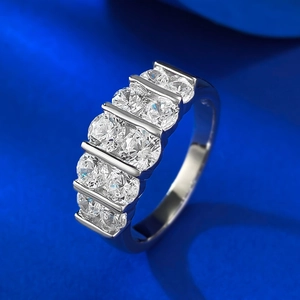 Elegant S925 sterling silver ring with double row of round cubic zirconia on blue silk