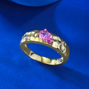 S925 sterling silver gold plated ring with hammered texture and pear cut pink gemstone
