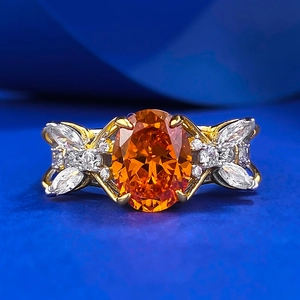 S925 Sterling Silver Oval Orange Stone Ring For Women Gold Plated Sunset Rhinestone Inlaid Butterfly Bow Design Finger Ring
