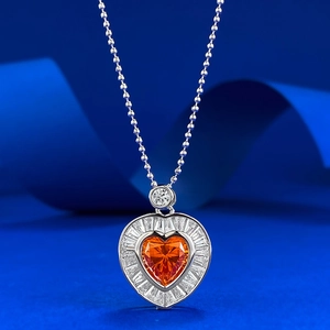 Elegant Heart Shaped Orange Rhinestone Pendant Necklace 925 Sterling Silver Round Bead Chain Fashion Jewelry Gift For Women
