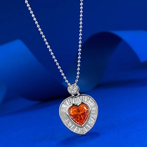 S925 silver heart necklace with orange crystal stone and sparkling baguette halo