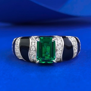 Bague en Argent Sterling 925 Taille Émeraude Hommes Femmes Rectangle Pierre Verte Émail Noir Strass Bijoux