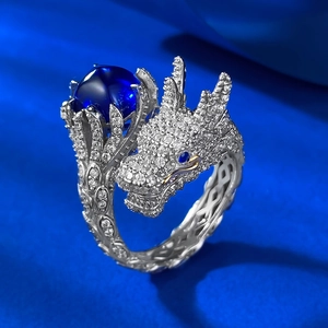 Anello Dragone Vintage in Argento Sterling 925 per Unisex con Strass Blu Intarsiato Design Originale Gioielli da Dito