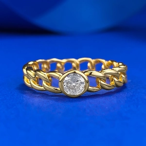925 Sterling Silver Cuban Link Chain Ring For Women Gold Plated Bezel Set Round Rhinestone Minimalist Hollow Jewelry Gift