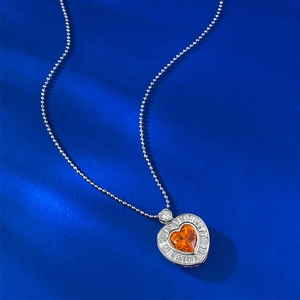 S925 silver heart pendant necklace with orange crushed ice cut stone and zircon halo