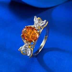 Elegant S925 silver ring featuring an oval sunset orange stone with white floral accents