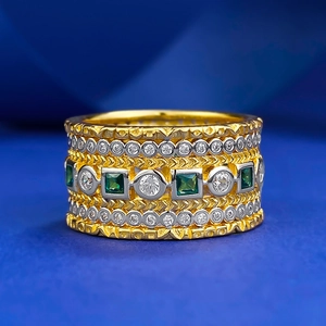 Vintage 925 Sterling Silver Wide Band Ring Women Green Square Rhinestone Inlaid Luxurious Geometric Palace Style Jewelry