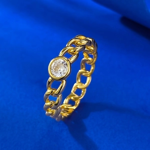 Classic 925 silver gold chain ring with center round white stone on blue silk