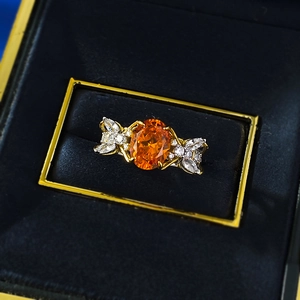 Vintage 925 silver gold-plated ring with oval orange gemstone and marquise diamonds