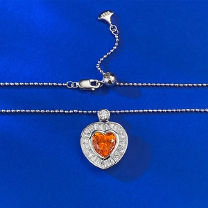 S925 sterling silver heart-shaped orange crystal pendant necklace with white diamond accents