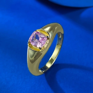 Elegant S925 silver gold-plated signet ring with a square pink gemstone in a 45-degree view