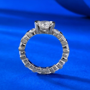 Classic S925 sterling silver 7mm round cut diamond ring with eternity band pavé setting