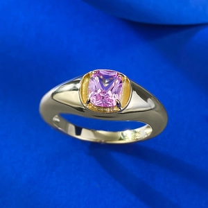 S925 silver gold-plated ring with cushion-cut pink gemstone and polished wide band