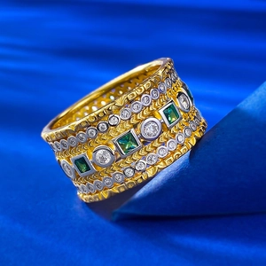 Vintage S925 silver wide ring with three square green stones and gold-tone texture