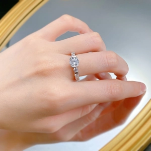 Close-up of S925 sterling silver 7mm round cut solitaire ring worn on a finger