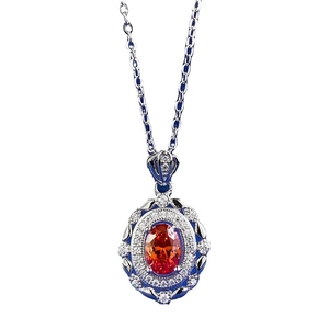 Pendentif élégant en argent S925 avec pierre orange ovale et émail bleu raffiné