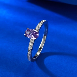 Elegant S925 sterling silver ring with oval purple gemstone and side diamond accents