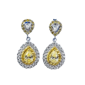 Elegant S925 silver halo earrings with pear-cut yellow stones and sparkling zircon accents