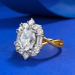Luxurious oval cut gem ring with marquise cluster halo and twisted gold band