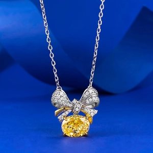Collier Pendentif Nœud Papillon en Argent Sterling 925 Zirconia Jaune Coupe Fleur de Glace Bijoux de Mode pour Femmes