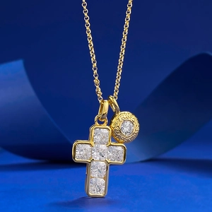 Gold S925 silver cross pendant necklace with sparkling pavé zircons and a round accent stone