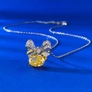 Collier nœud en argent S925 avec pendentif diamant jaune haute teneur en carbone taille glace