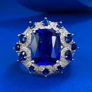 Vintage 925 Sterling Silver Blue Corundum Cushion Cut Ring For Women Luxurious Rhinestone Halo Party Engagement Jewelry Gift