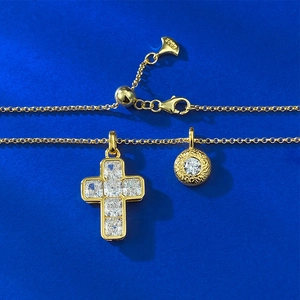 S925 sterling silver gold plated cross and round disc necklace with sparkling zircon stones